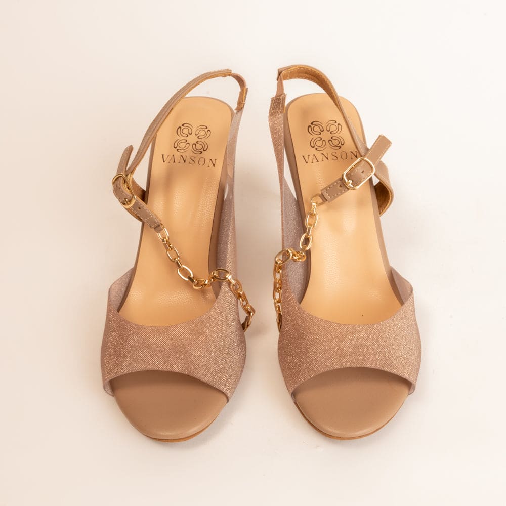 CHAIN ACROSS-Block Heel sandal in-Nude.