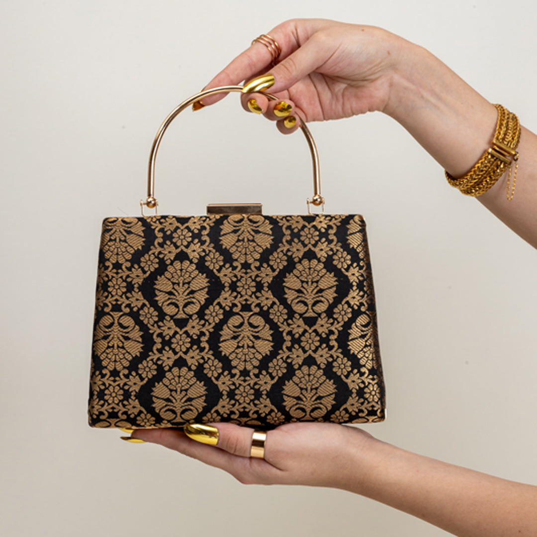 BLACK BROCADE-Clutch in-Black.