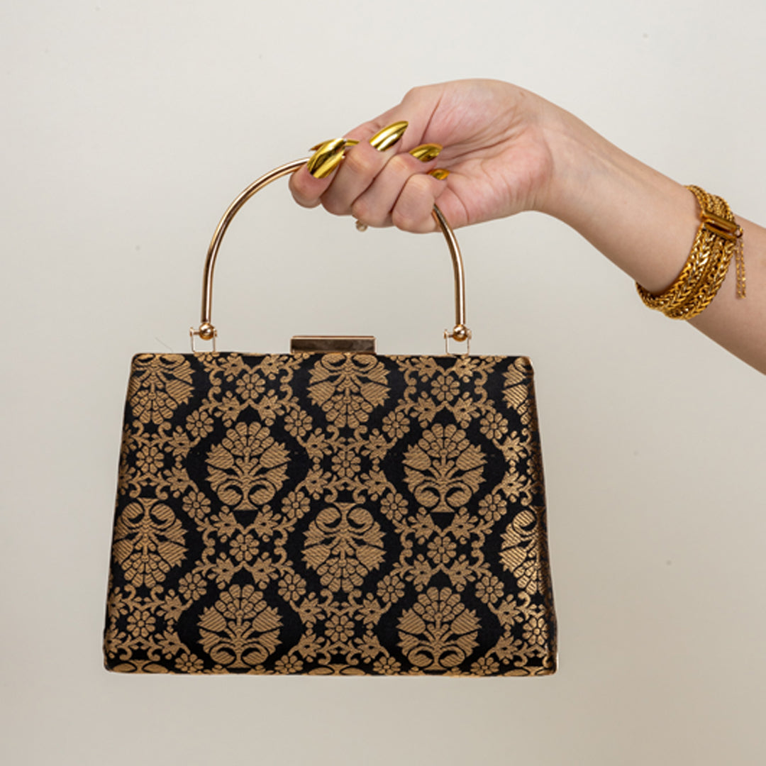 BLACK BROCADE-Clutch in-Black.