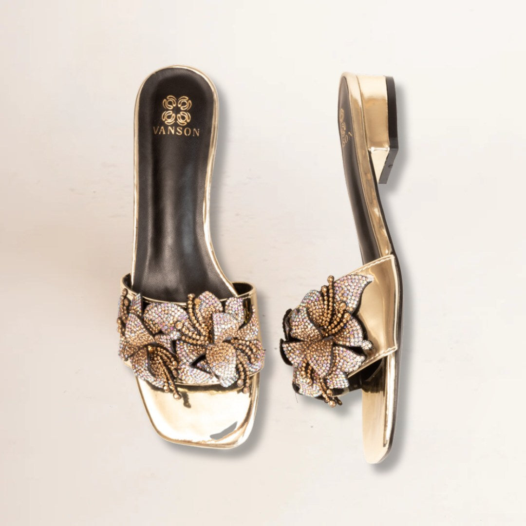 FORGET ME NOT FLOWER-Embellished Flats in-Gold.