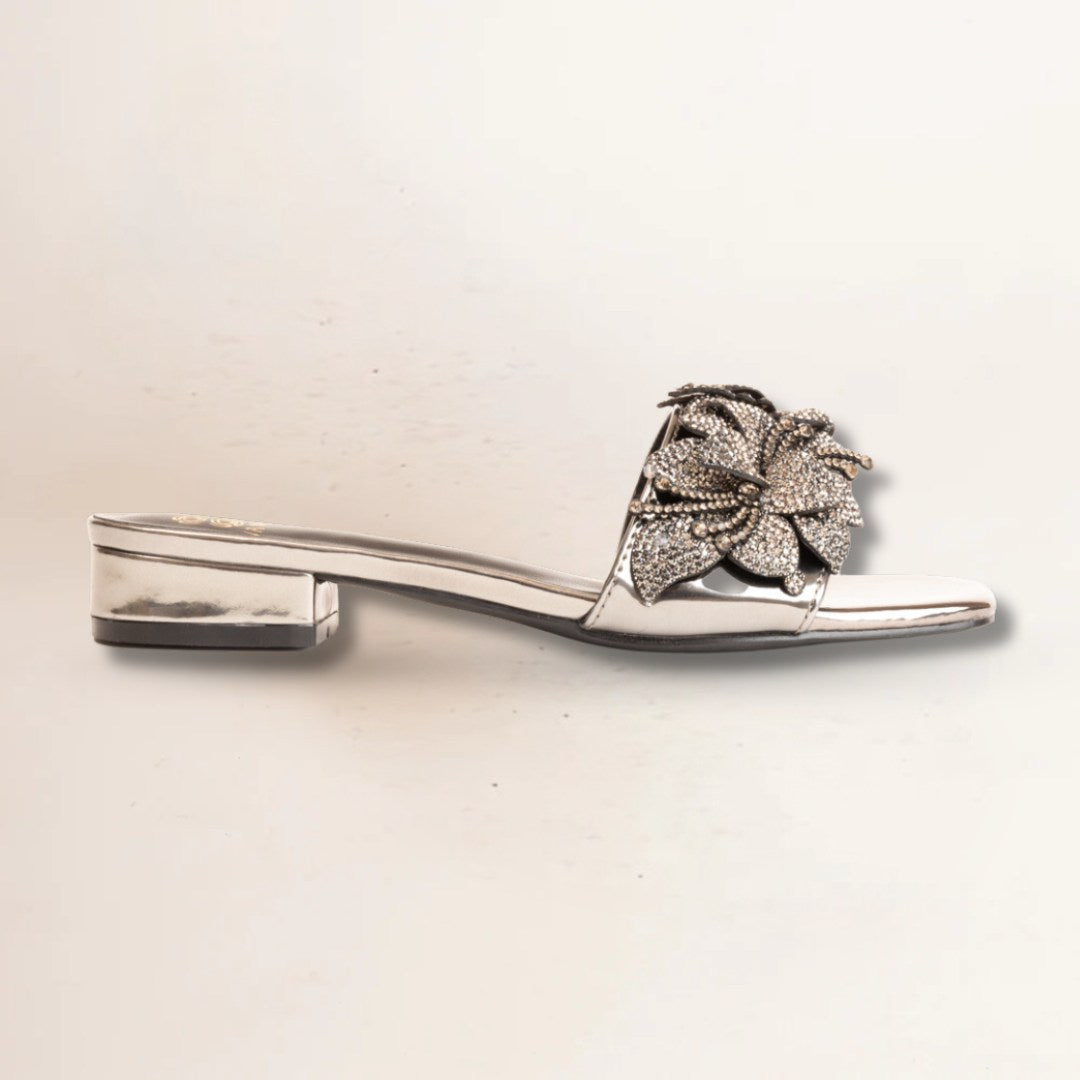 FORGET ME NOT FLOWER-Embellished Flats in-Gun Metal.