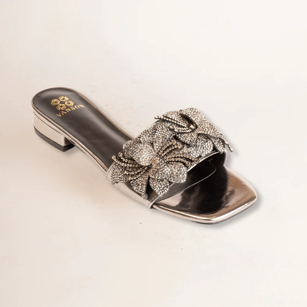 FORGET ME NOT FLOWER-Embellished Flats in-Gun Metal.
