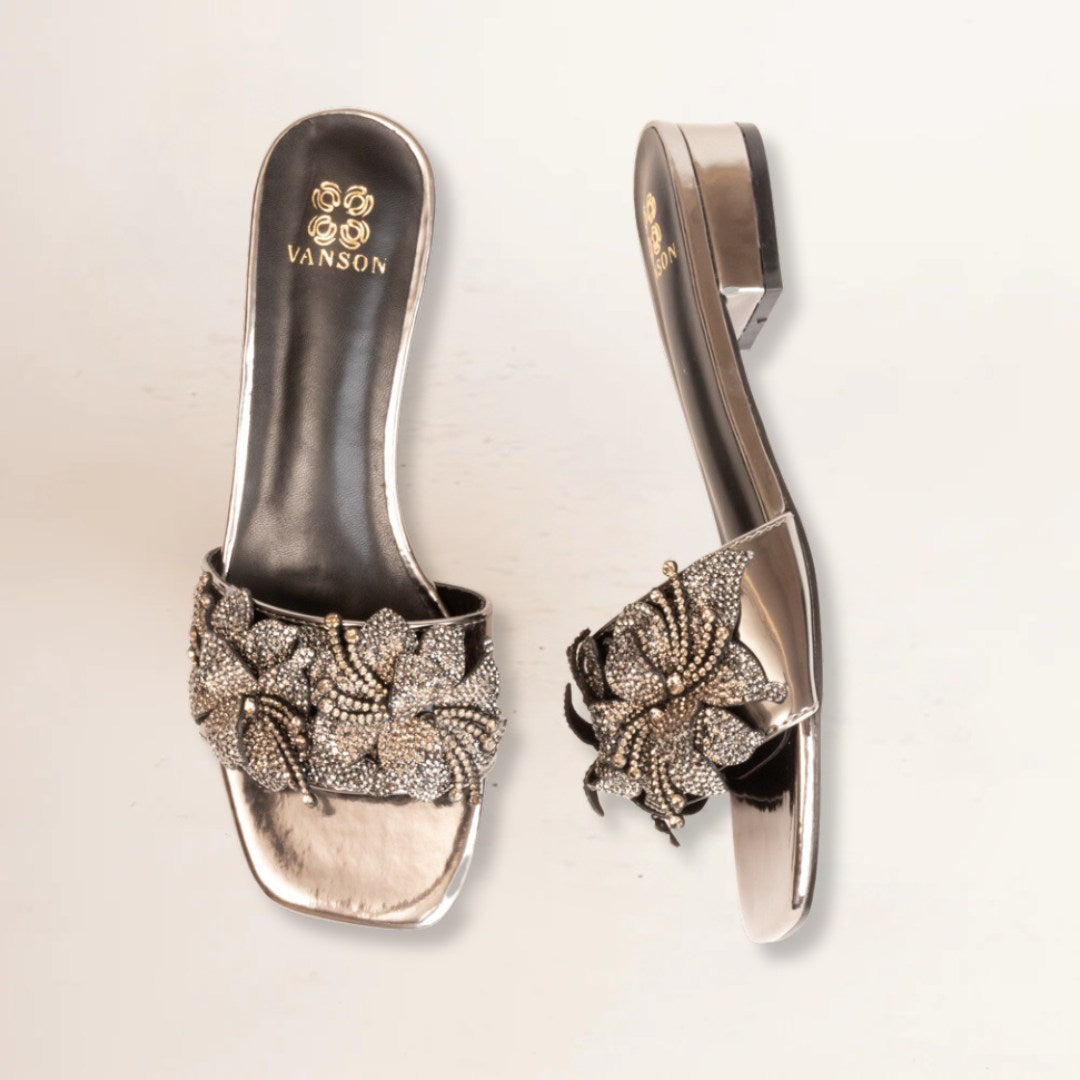 FORGET ME NOT FLOWER-Embellished Flats in-Gun Metal.