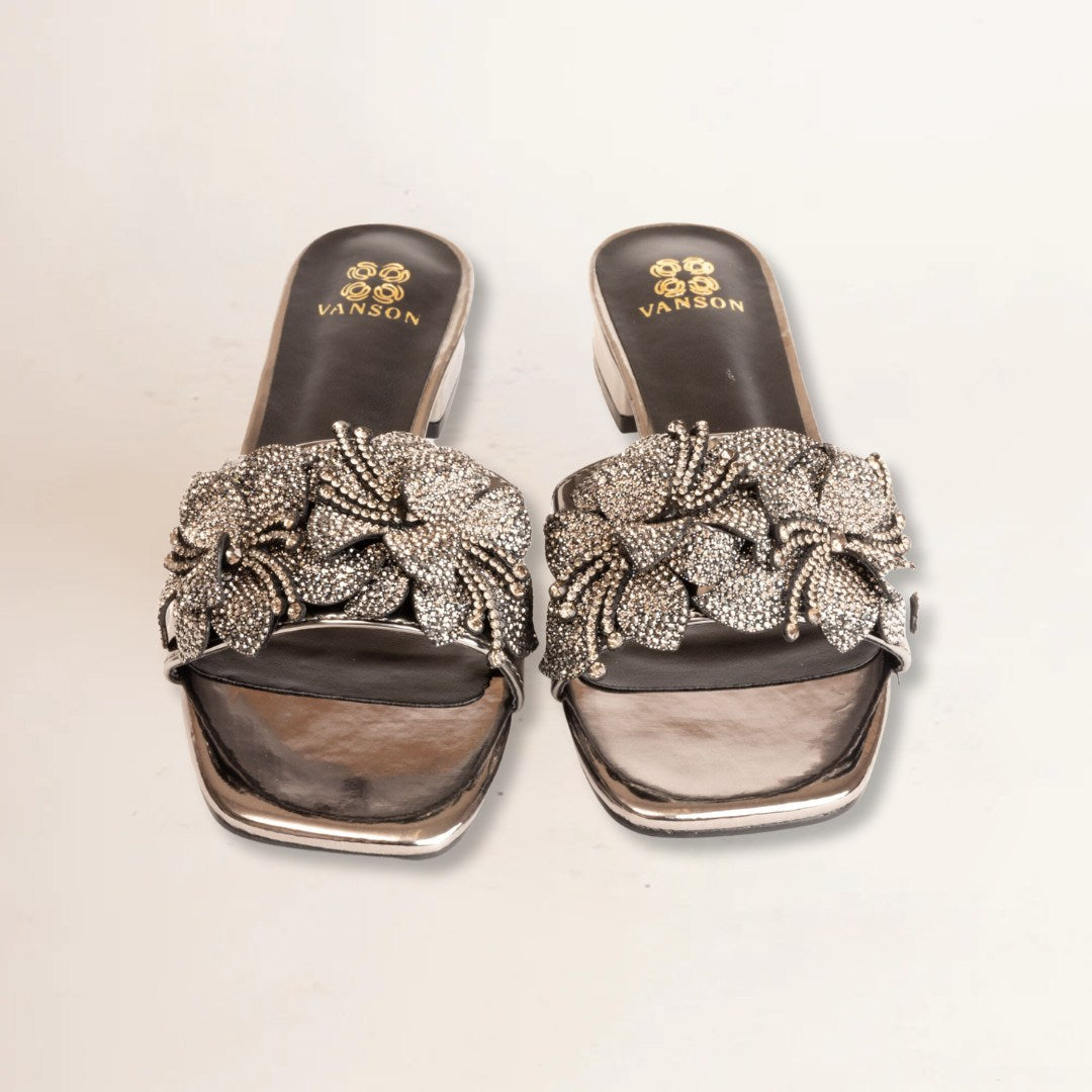 FORGET ME NOT FLOWER-Embellished Flats in-Gun Metal.