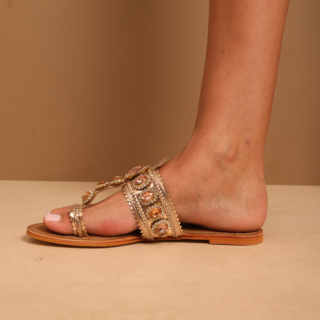 CRYSTA RAIN-Embellished Flats in-Rose Gold.