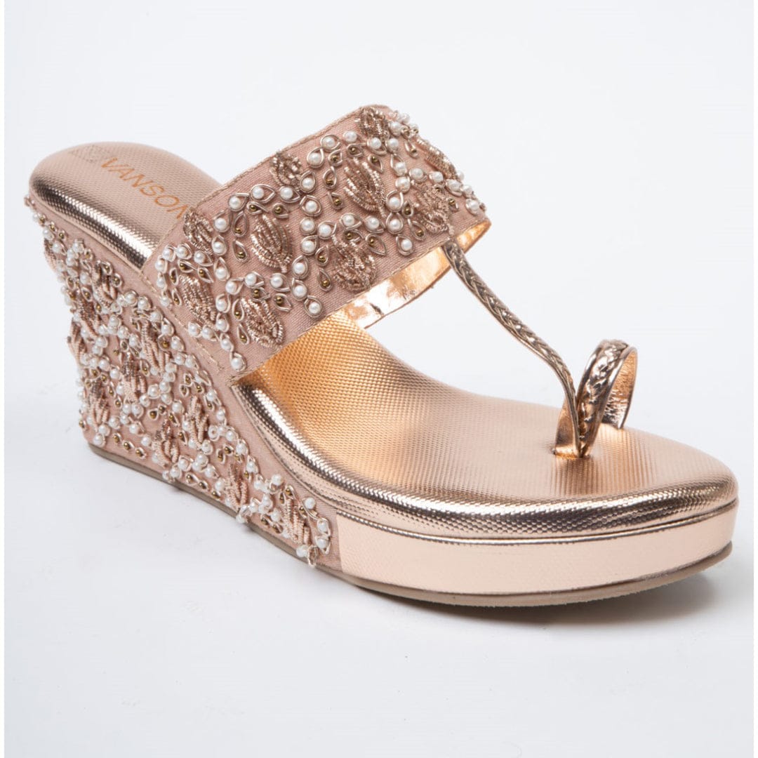 Gold Shine-Embellished high wedge heel in-Rose Gold.