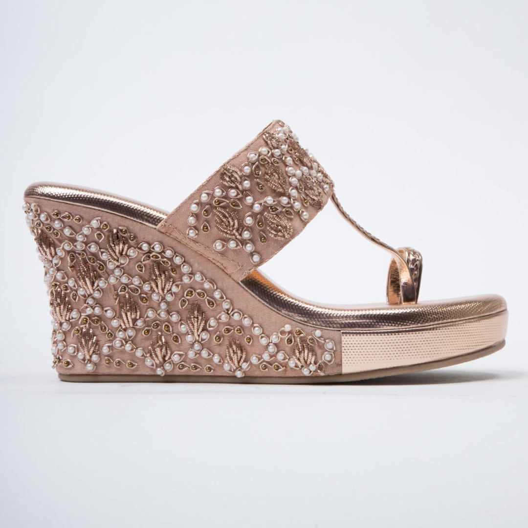 Gold Shine-Embellished high wedge heel in-Rose Gold.