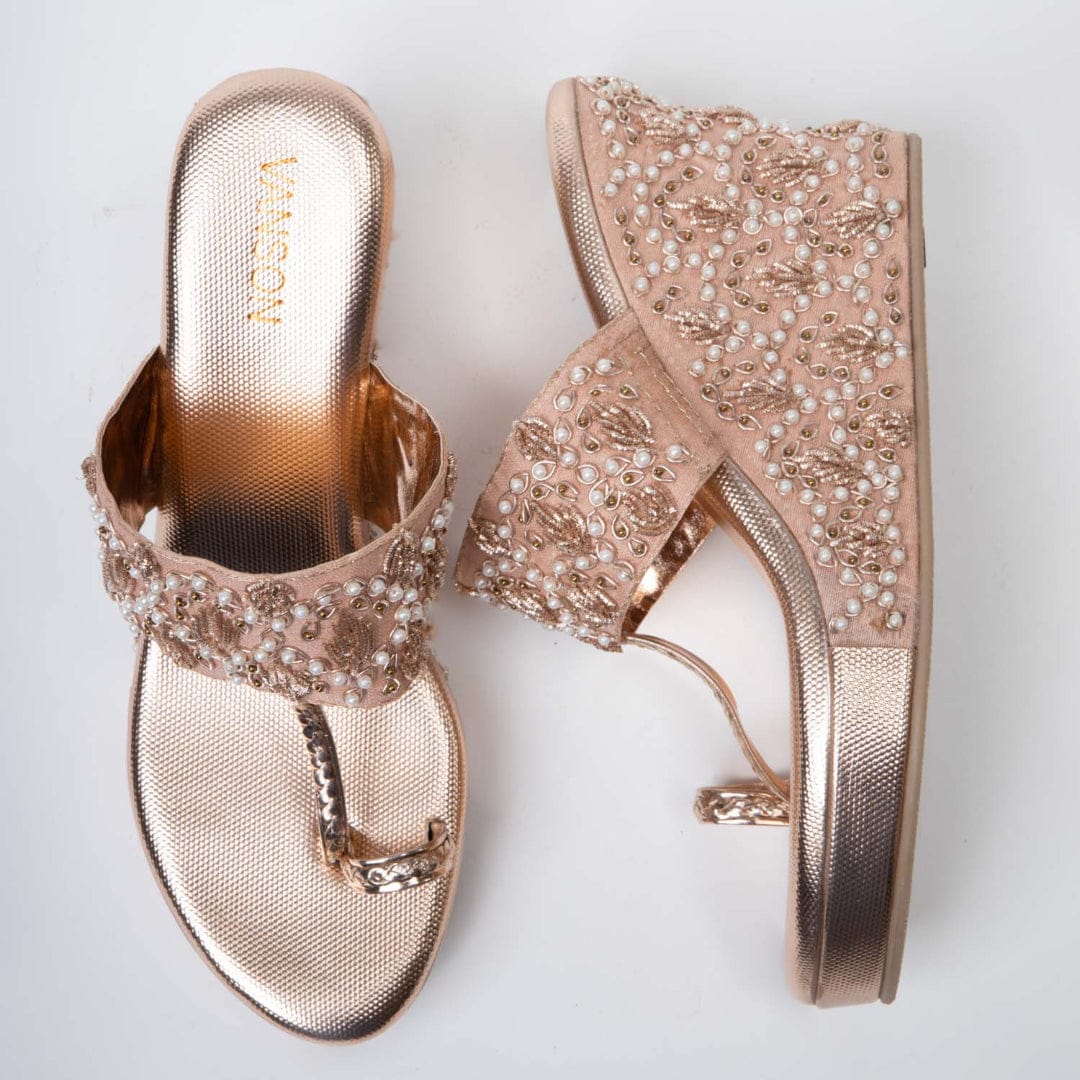 Gold Shine-Embellished high wedge heel in-Rose Gold.