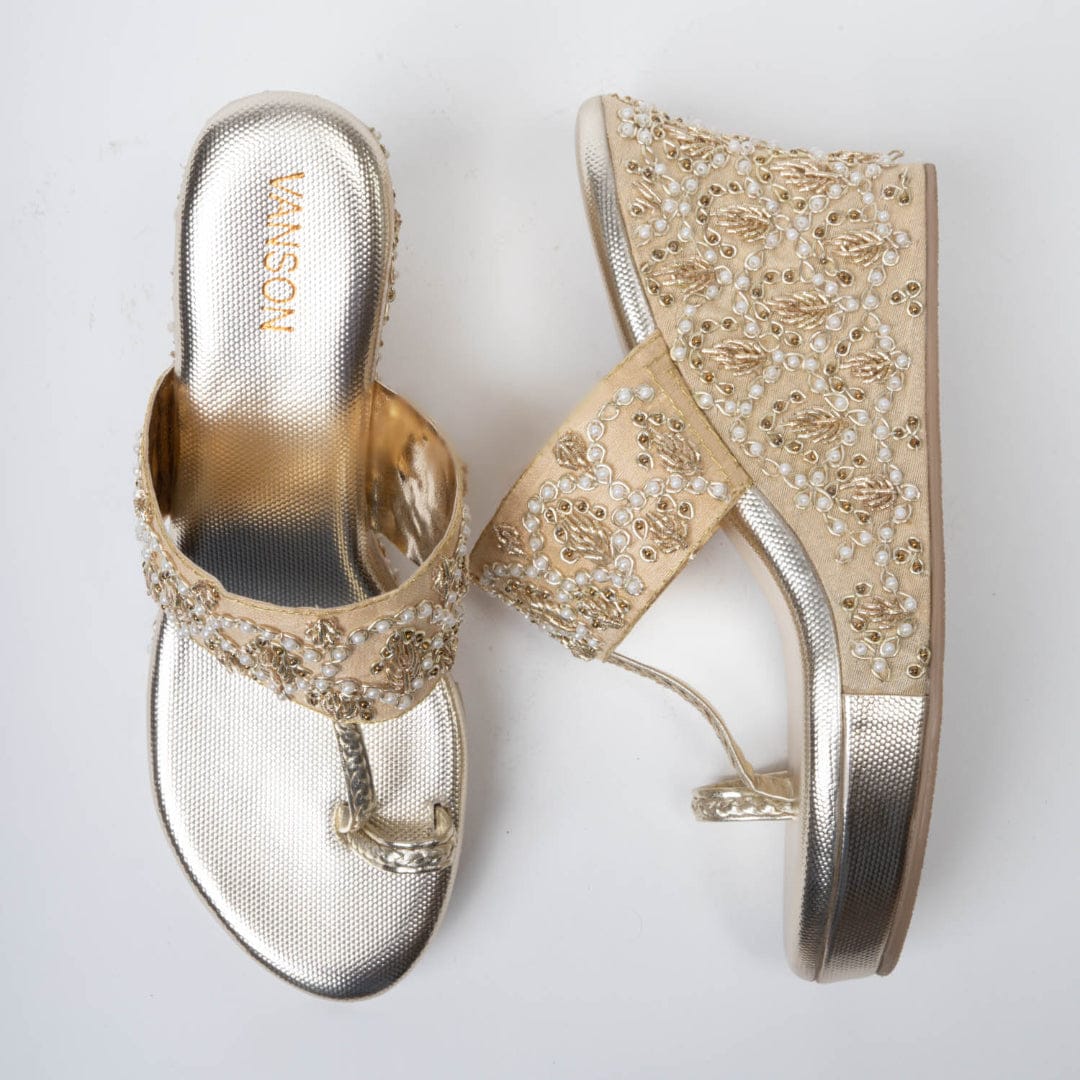 Gold Shine-Embellished high wedge heel in-Gold.