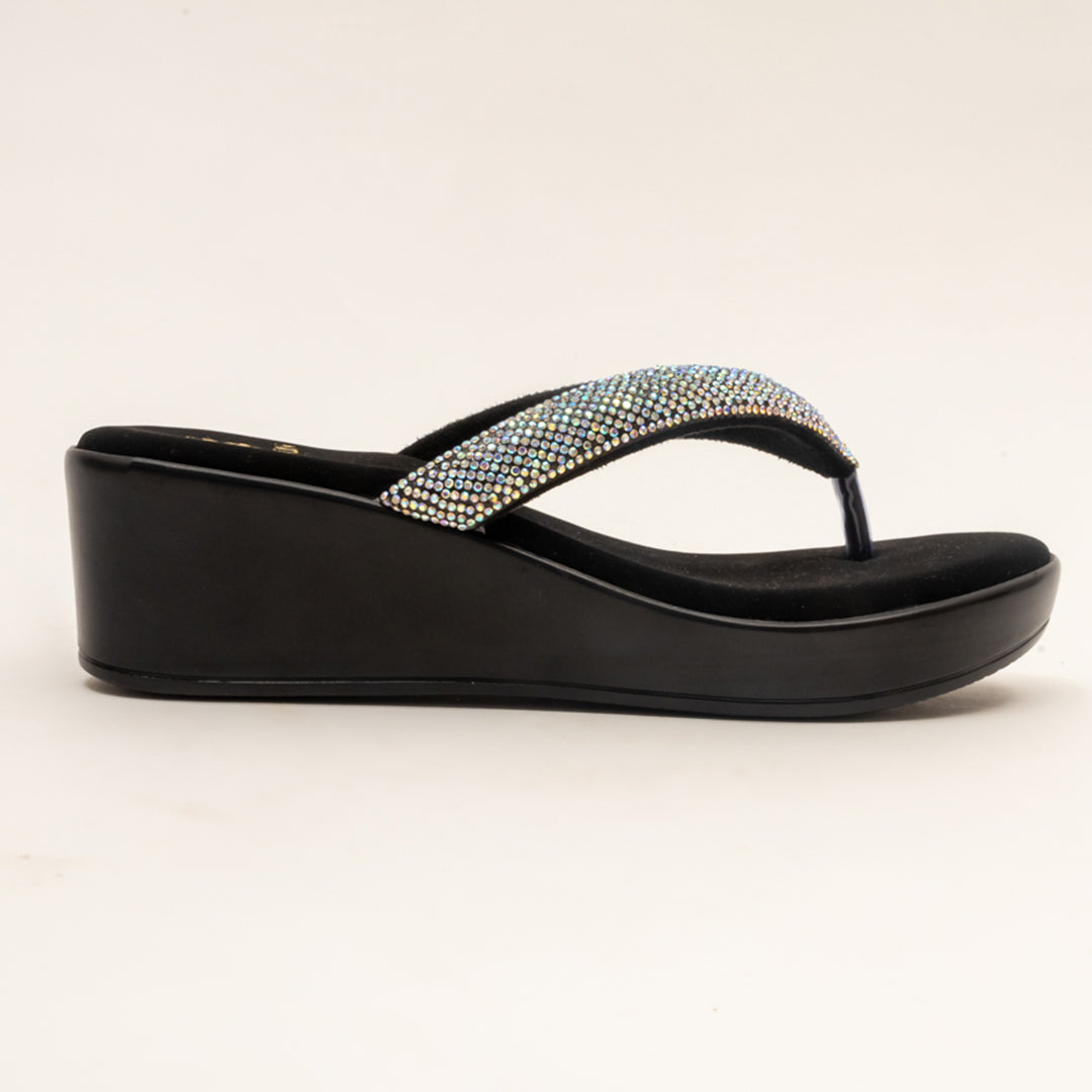 SILVER SCRATCH-Embellished Wedge in-Black.