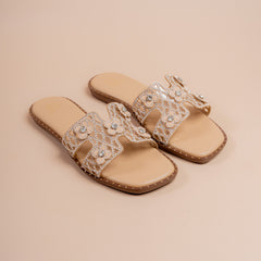 Bloom Cutwork Crystal Flats in beige