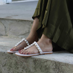 Apricot Pearl Embellished Flat Slippers