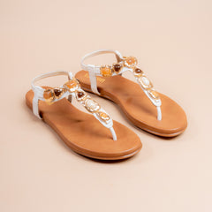 Amber — Women’s White Embellished T-Strap Flat Sandals
