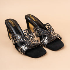 Midnight Lattice party heels in Black & Gold