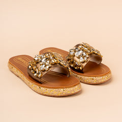 Dark Opulence Embellished Party Sliders in Black & Antique Gold)
