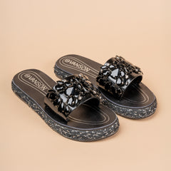 Dark Opulence Embellished Party Sliders in Black & Antique Gold)