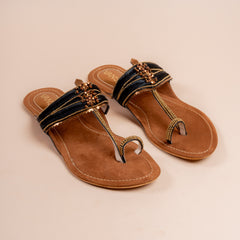 Noor Embellished Toe-Ring Flats in cherry red, black and dull gold