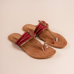 Noor Embellished Toe-Ring Flats in cherry red, black and dull gold