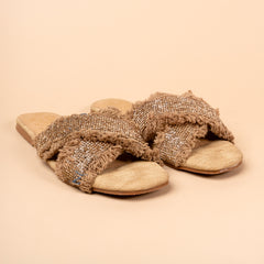 Coastal Fringe Embellished Everyday Slides in  Beige and Denim Blue