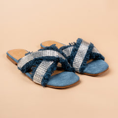 Coastal Fringe Embellished Everyday Slides in  Beige and Denim Blue