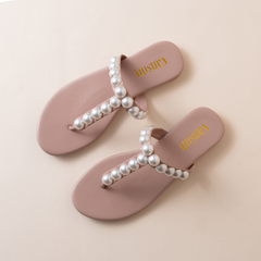 Apricot Pearl Embellished Flat Slippers