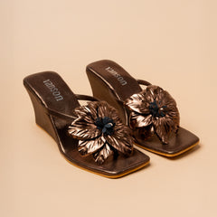 Lily Bronze floral wedge heel in black and brown-antique
