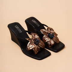 Lily Bronze floral wedge heel in black and brown-antique