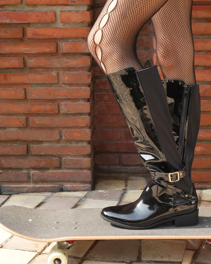 DANKIE-Patent Long Boots in-Black.