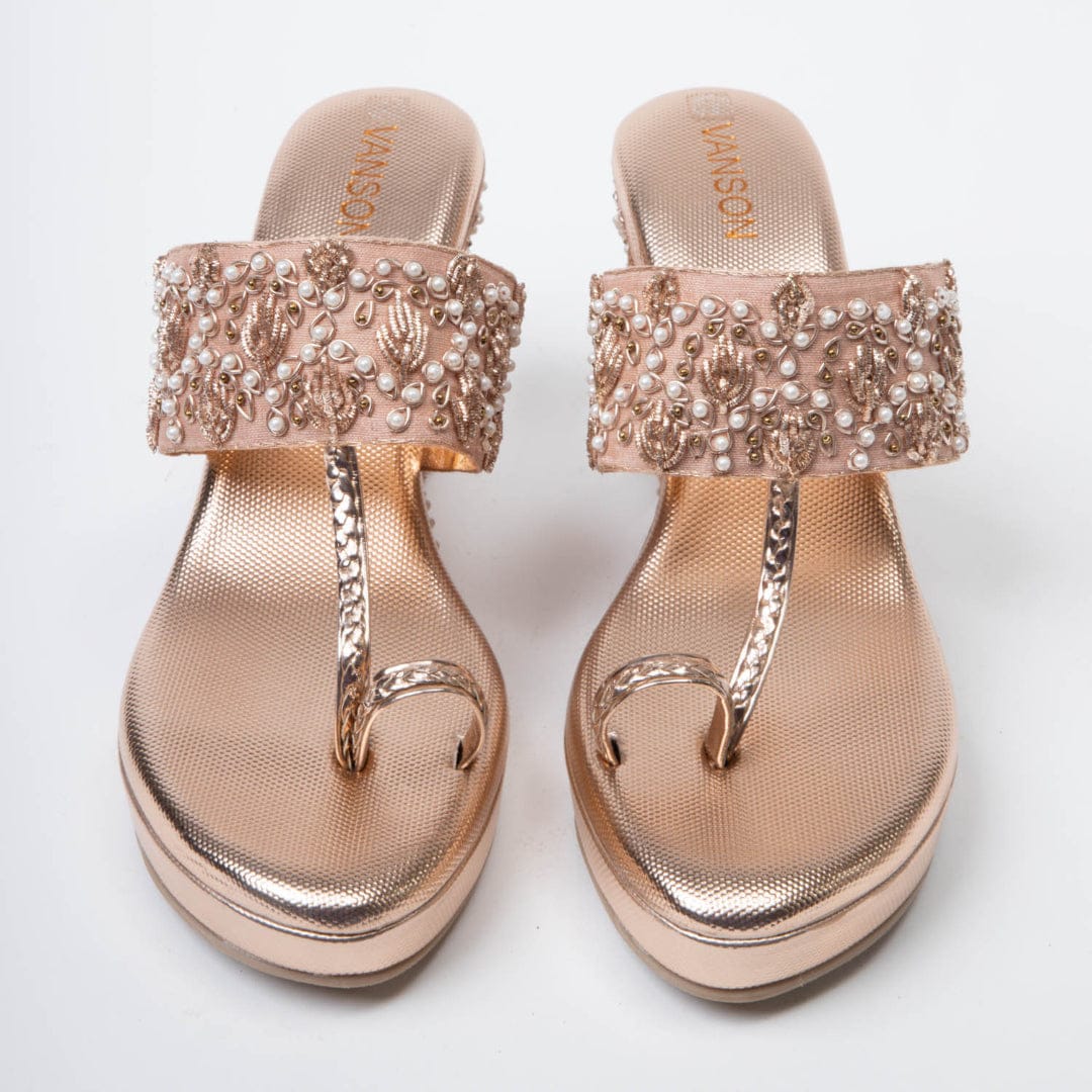 Gold Shine-Embellished high wedge heel in-Rose Gold.